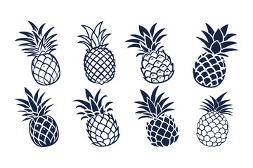 Set of Pineapple Silhouettes Vector Illustration, Tropical Fruit Icons Collection, Black and White Pineapple Clipart Isolated on White Background