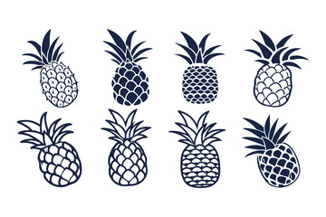 Set of Pineapple Silhouettes Vector Illustration, Tropical Fruit Icons Collection, Black and White Pineapple Clipart Isolated on White Background