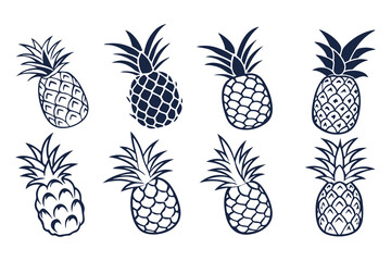 Set of Pineapple Silhouettes Vector Illustration, Tropical Fruit Icons Collection, Black and White Pineapple Clipart Isolated on White Background