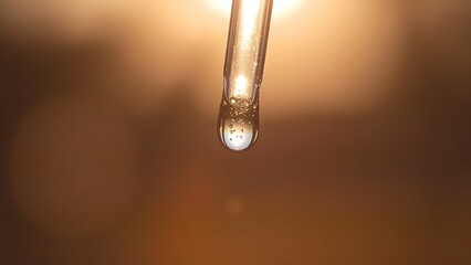 Macro shot of a glass pipette with a glistening liquid droplet, backlit by golden hour sunlight.