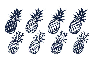 Set of Pineapple Silhouettes Vector Illustration, Tropical Fruit Icons Collection, Black and White Pineapple Clipart Isolated on White Background