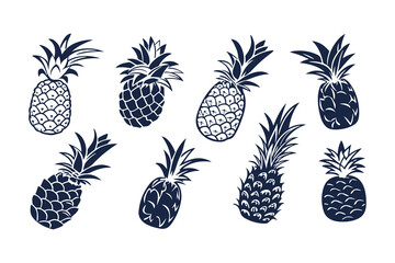 Set of Pineapple Silhouettes Vector Illustration, Tropical Fruit Icons Collection, Black and White Pineapple Clipart Isolated on White Background