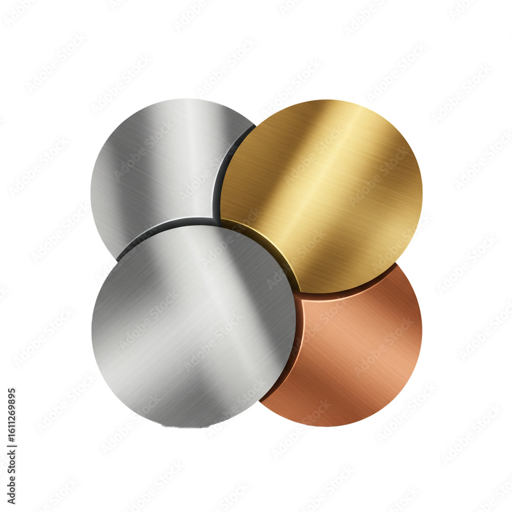 Poster four overlapping metallic circles in silver gold and copper tones create an abstract design represen