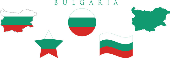 Bulgaria flag and map set. Bulgaria flag in official colours and proportions. independence day 22 September, map, circle, star and wavy shaped Bulgaria