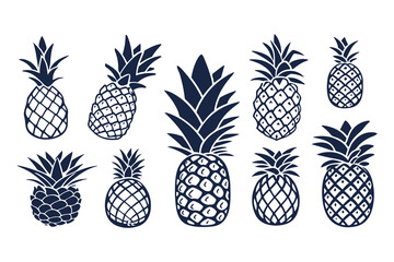Set of Pineapple Silhouettes Vector Illustration, Tropical Fruit Icons Collection, Black and White Pineapple Clipart Isolated on White Background