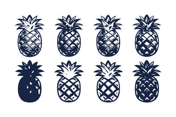 Set of Pineapple Silhouettes Vector Illustration, Tropical Fruit Icons Collection, Black and White Pineapple Clipart Isolated on White Background