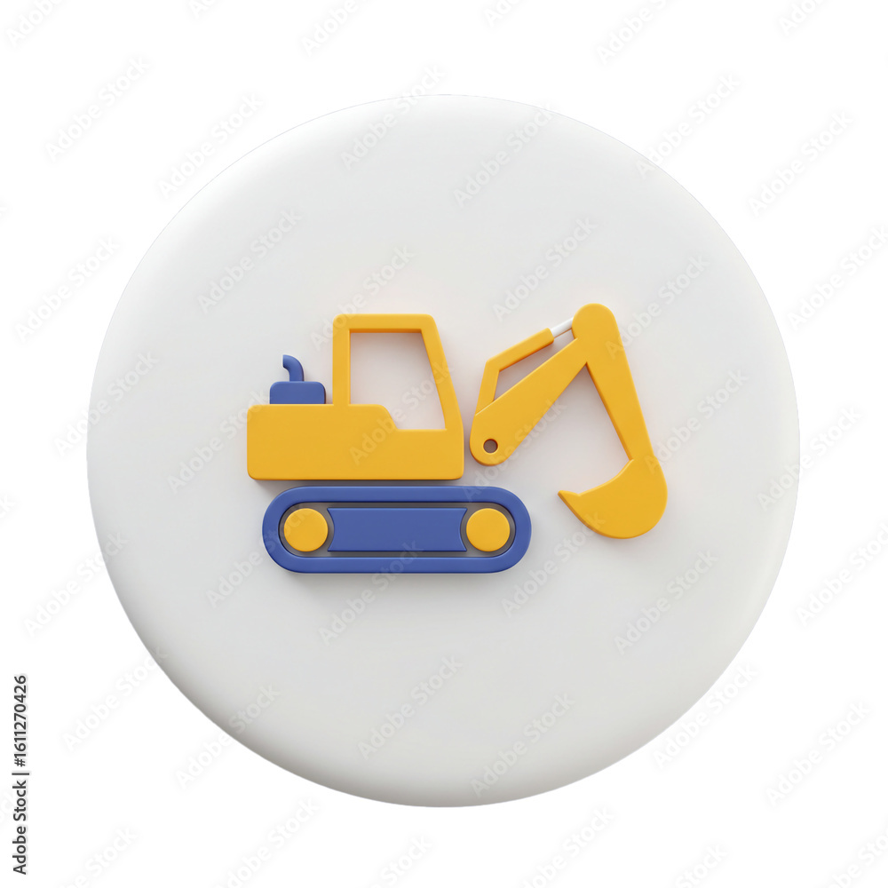 Poster a bright construction icon depicts a yellow excavator with a blue base inside a rounded shape repres