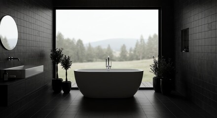 Modern Bathroom Featuring Freestanding Bathtub Large Window View Nature