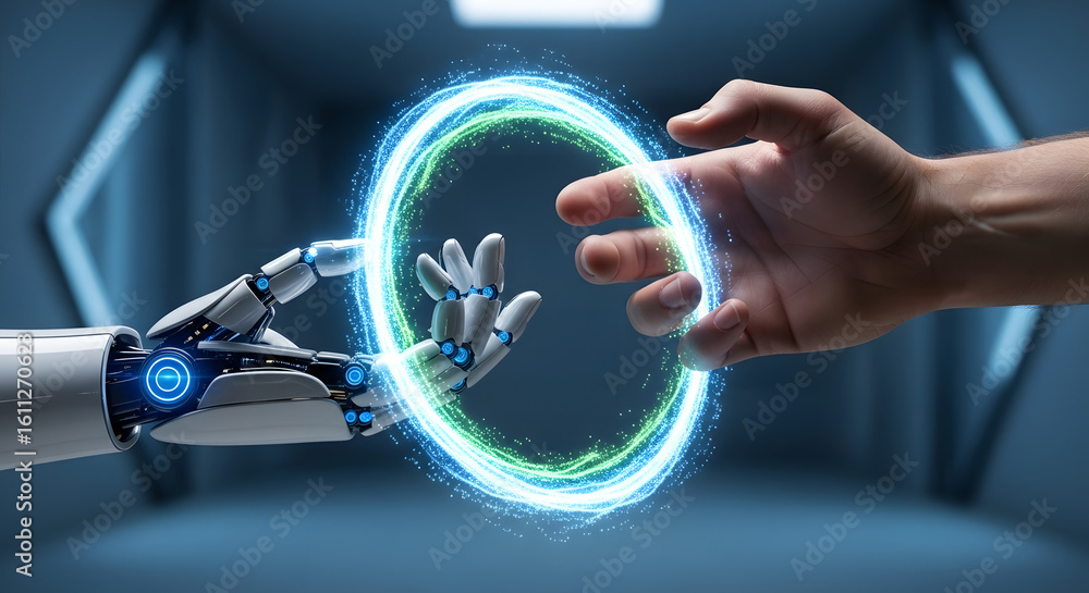 Poster humanity and artificial intelligence: a symbolic encounter through the luminous interface between