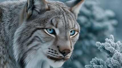 Obraz premium A close-up portrait of a lynx with piercing blue eyes standing in a frost-covered forest.