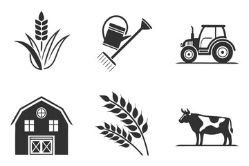 Naklejka premium Farm Icons Set Wheat Tractor Barn Cow Watering Can.