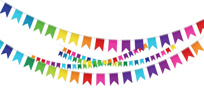 Two distinct strings of small, uniformly triangular, vibrant flags in blue, green, yellow, pink, purple, and red, gracefully draped horizontally against a pristine transparent background with copy