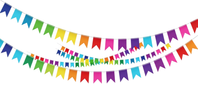 Two distinct strings of small, uniformly triangular, vibrant flags in blue, green, yellow, pink, purple, and red, gracefully draped horizontally against a pristine transparent background with copy