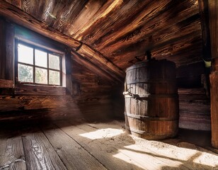 old dusty attic room with wooden barrel