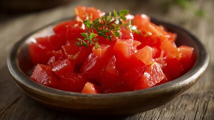 Closeup of fresh diced tomatoes in a rustic bowl with herb garnish