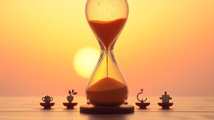 A glowing hourglass with golden sand flowing upwards, surrounded by symbolic objects representing healthy habits against a dawn gradient.