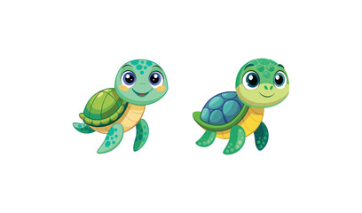 Fototapeta premium Two adorable cartoon baby sea turtles swimming together