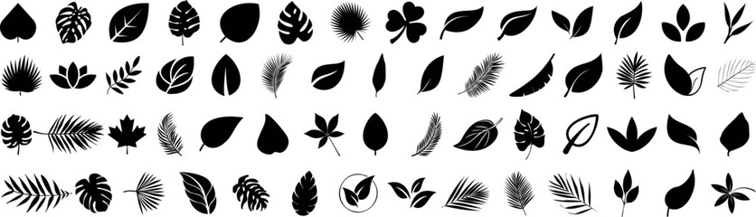 Leaf silhouettes vector set featuring tropical, floral, and botanical elements. nature design collection includes various leaf shapes perfect for eco, organic, and decorative art or digital project
