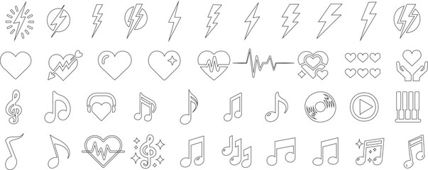 Music icon, heart symbol, lightning bolt, and healthcare line art vector set in minimal style. Perfect for app UI, web, infographic, and modern digital creative design elements