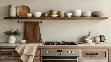 A contemporary kitchen showcasing wooden shelves adorned with an array of cookware and charming decor elements