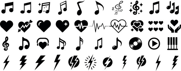 Music icon set, heart symbols, lightning bolts, and sound notes create a bold vector set ideal for music, health, and energy themes in creative design, web, or digital illustration projects