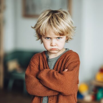 Grumpy Child with Blonde Hair Wearing Cozy Sweater in Room