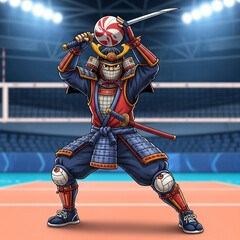 Samurai volleyball player, wielding katana, poised to serve a striped ball in an arena.
