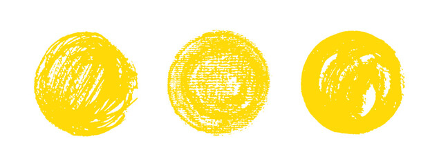 Set of yellow circles for children school projects, kindergarten chalkboard art, speech bubbles, and playful calligraphy posts. Creative grungy paintbrush doodles with a charcoal and pastel texture.