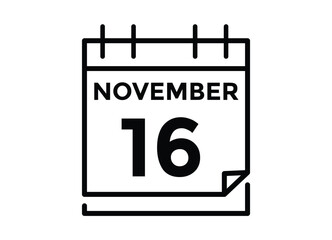16 November, calendar date icon. 16 November Calendar Date for Deadlines or Appointment. Day, month. vector illustration.
