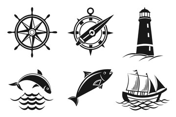 Nautical Icons Ships Wheel Compass Lighthouse Fish and Sailboat.