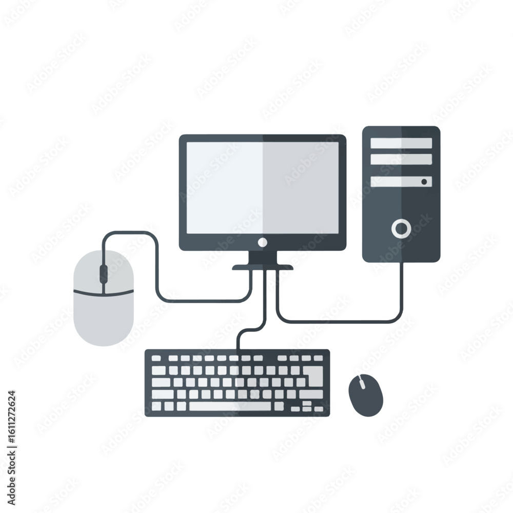 Poster a simple illustration of a desktop computer setup, including monitor, keyboard, mouse, and cpu tower