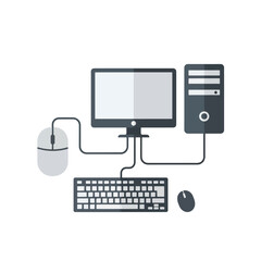 Fototapeta premium A simple illustration of a desktop computer setup, including monitor, keyboard, mouse, and CPU tower.