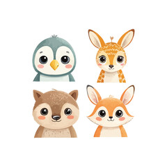 Obraz premium Cute animal faces including penguin kangaroo squirrel and fox isolated on white background