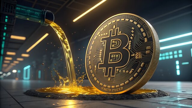 Golden bitcoin coin on a laptop, blockchain hard fork, cryptocurrency, finance and business concept, investment strategy, crypto currency.