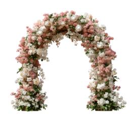 Floral wedding arch display venue event decoration summer side view. Isolated on transparent background, png.
