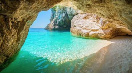 Idyllic beach cove with crystal clear turquoise water and rock formations