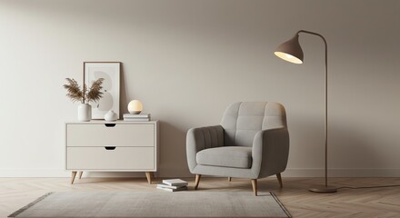 Modern Light Gray Armchair in Minimalist Living Room with Floor Lamp and White Sideboard