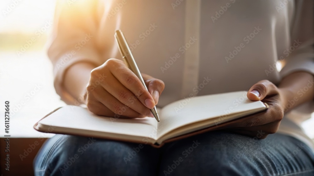 Poster a person is writing in a notebook with a pen, sitting by a window with soft light illuminating the s