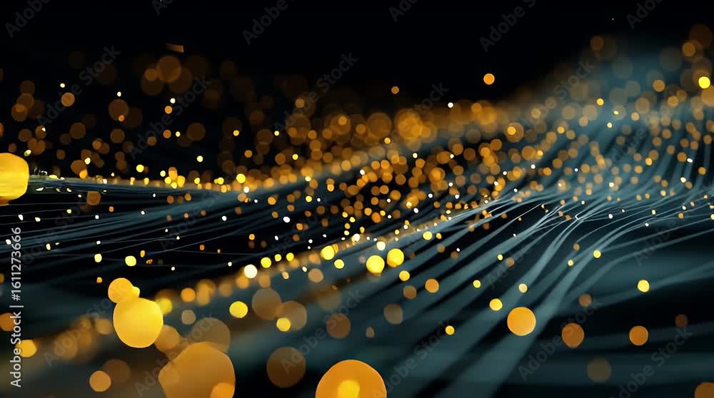 Poster abstract digital background with golden particles and flowing lines