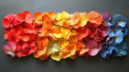 Colorful hydrangea petals arranged in a rainbow gradient on a dark background