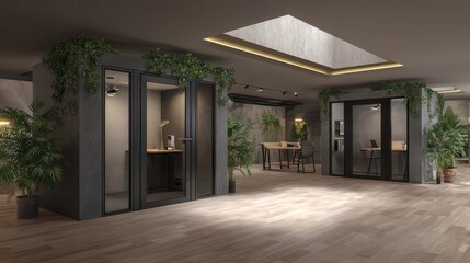 Fototapeta premium Modern, private office pods in a stylishly designed workspace.