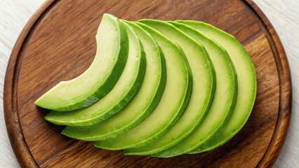 Freshly sliced avocado arranged neatly on a wooden board, showcasing its vibrant green color and smooth texture.