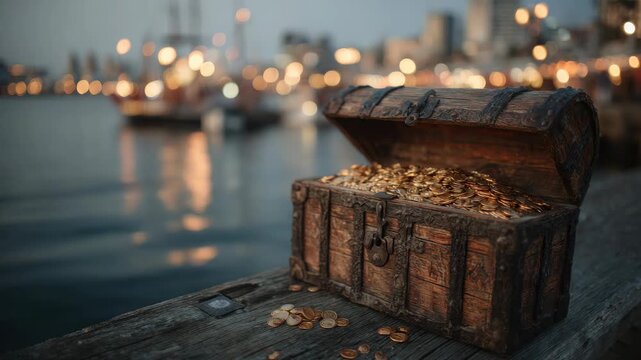 Old wooden treasure chest filled with gold coins on a weathered dock, realistic style, with harbor lights and city in soft background glow