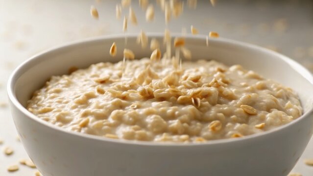 Creamy oatmeal topped with sprinkled oats, presented in a white bowl, creating a comforting and nutritious breakfast scene.