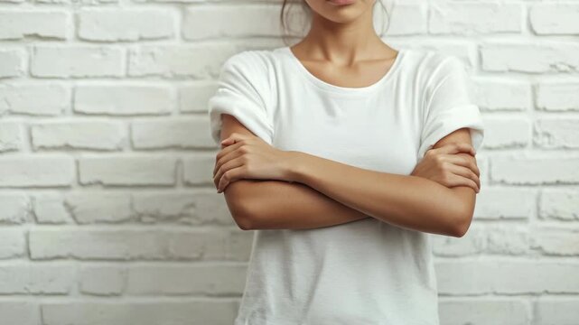 Woman with her hands crossed, a posture often associated with confidence and assertiveness. Her expression is serious.