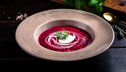 rustic beetroot soup with cream swirl a culinary presentation for food enthusiasts
