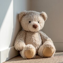 Obraz premium Soft Beige Teddy Bear Sitting in Bright Sunlit Corner of Room
