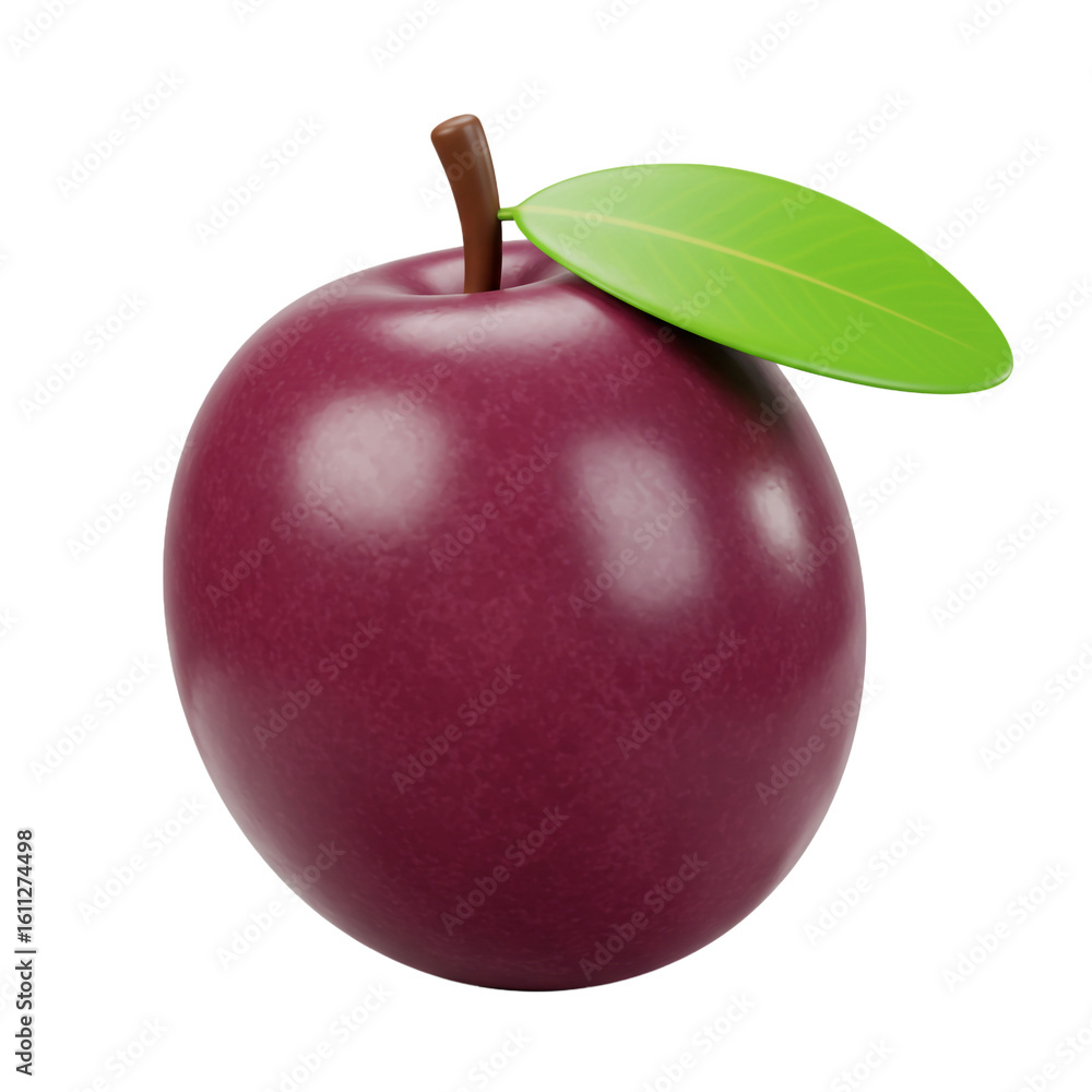 Poster a vibrant stylized fruit with a deep purple hue and a fresh green leaf creating a visually appealing