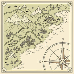 Vintage Hand Drawn Map with Compass and Mountain Landscape