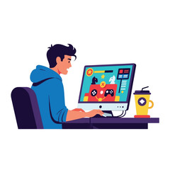 A young man engrossed in a video game on a computer, enjoying a beverage.